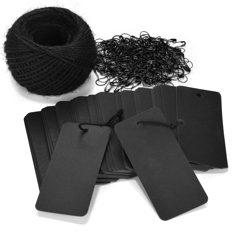 LOOMY 200 PCS Marking Tags with Safety Pins and 157 Feet Natural String to Label Clothes for Garage Yard Consignment Tag Black - Image 1